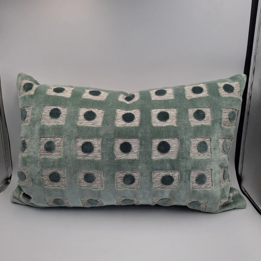 FLOOF Lumbar Pillow 15x24 Velvet Sage Green Geometric Dot Textured Feather Down